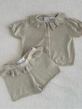 Zara Timeless Neutral Knit Ruffle Collar Toddler Cardigan & Bloom Shorts Set
